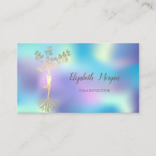 Tarjeta De Visita Silueta de árbol elegante, Yoga holográfico azul