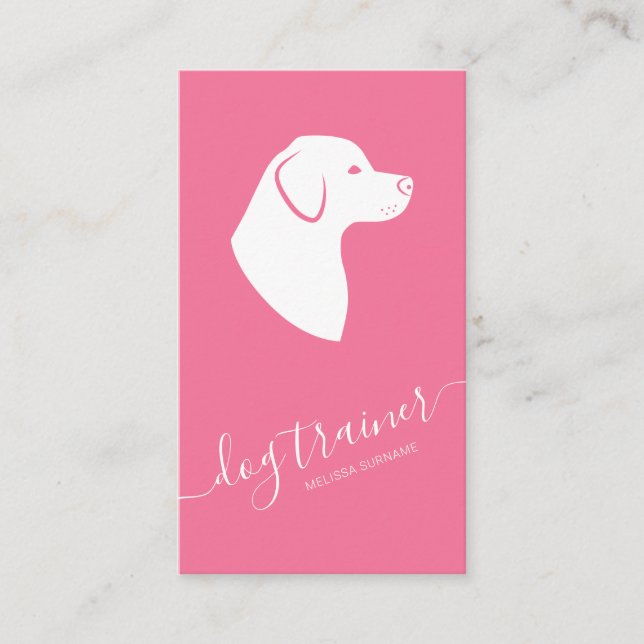 Tarjeta De Visita Silueta de perro rosa y blanco entrenador de perro (Anverso)