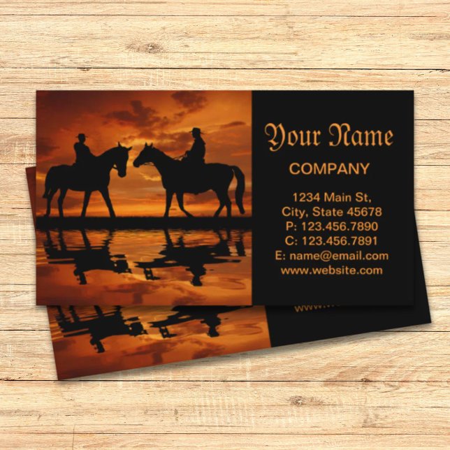 Tarjeta De Visita Silueta de vaquero de Western Sunset Horseback (Western Sunset Horseback Riding cowboy silhouette Business Card)