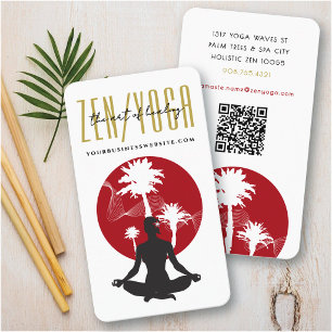 Tarjeta De Visita Silueta de Yoga Palmeras Tropicales & Sol Rojo Zen