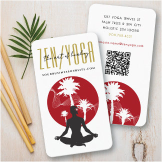 Tarjeta De Visita Silueta de Yoga Palmeras Tropicales & Sol Rojo Zen