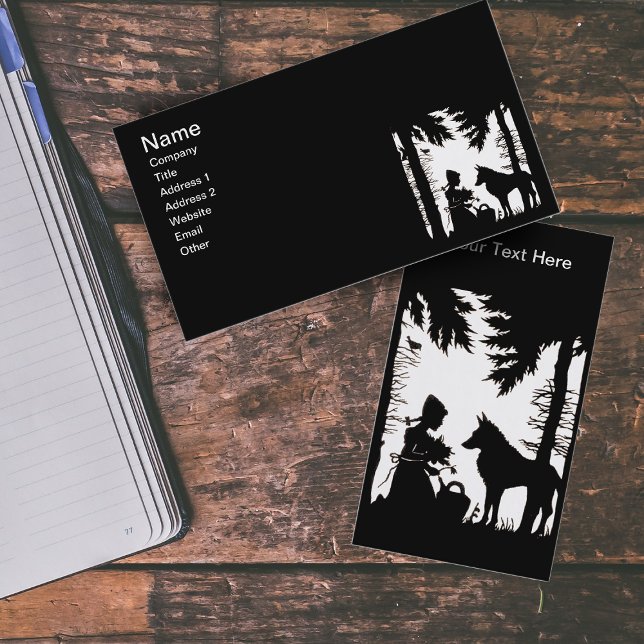 Tarjeta De Visita Silueta negra Red Riding Hood Wolf Woods (Black silhouette on white Little Red Riding Hood in woods with wolf on business cards.)