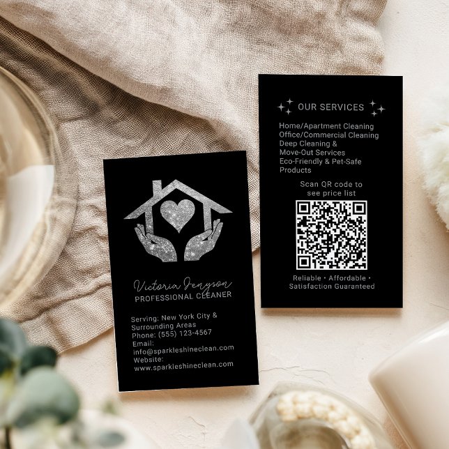 Tarjeta De Visita Silver Black Cleaning Service Maid QR Code Logo (Silver Black Cleaning Service Maid QR Code Logo Business Card
)