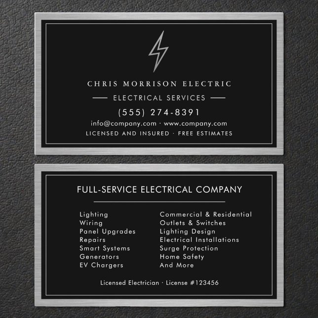 Tarjeta De Visita Silver & Black Electrical Services Electrician (Subido por el creador)