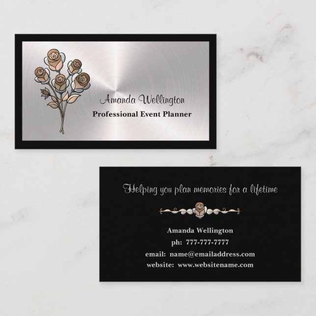 Tarjeta De Visita Silver & Black Floral Event Planner Business Card (Anverso / Reverso)