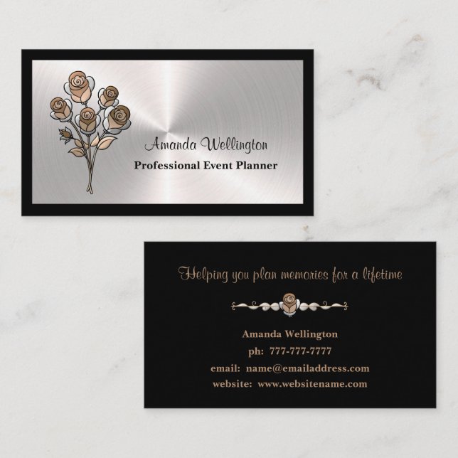 Tarjeta De Visita Silver & Black Floral Event Planner Business Card (Anverso / Reverso)