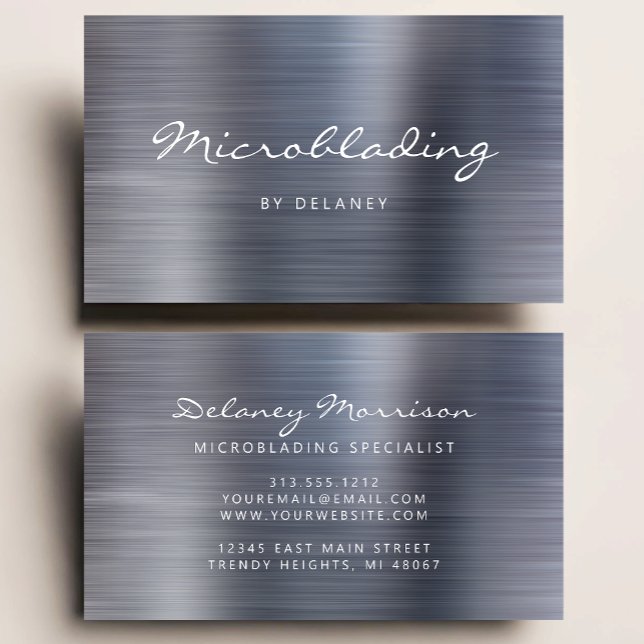 Tarjeta De Visita Silver Brushed Metal Script Microblading (Subido por el creador)