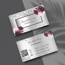 Tarjeta De Visita Silver burgundy florals elegant QR code