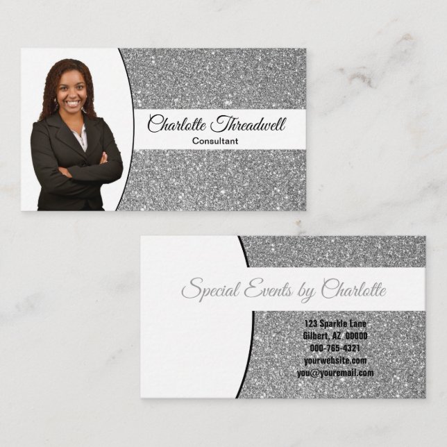 Tarjeta De Visita Silver Faux Glitter Replaceable Professional Photo (Anverso / Reverso)