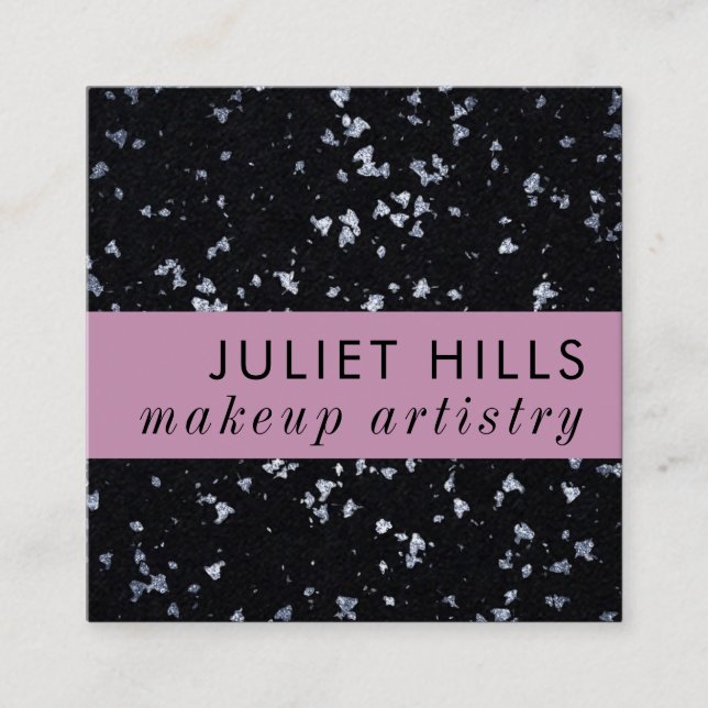 Tarjeta de visita Silver Flakes, Pink and Black Sq (Anverso)