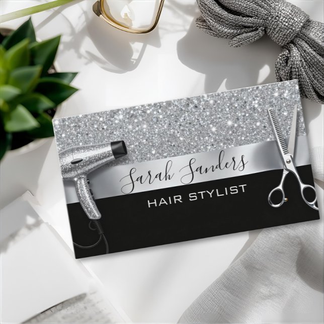 Tarjeta De Visita Silver Glitter & Black Glam Hair Stylist (Subido por el creador)
