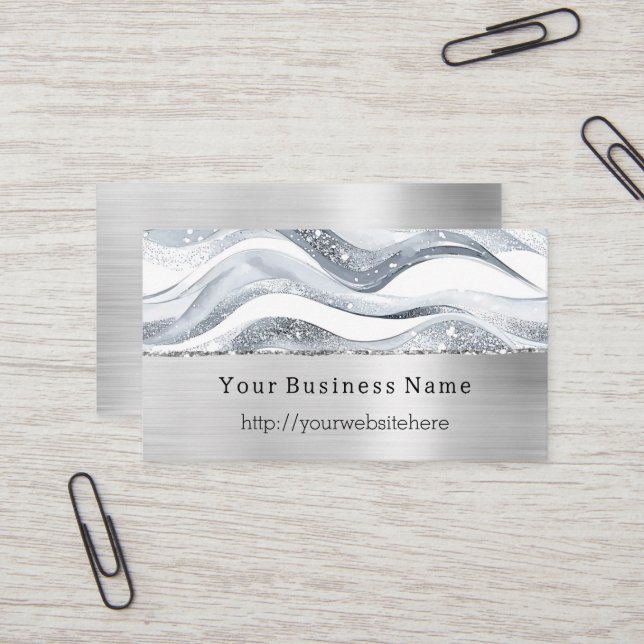 Tarjeta De Visita Silver Glitzy Waves Stripes Business name website (Anverso/Reverso In Situ)