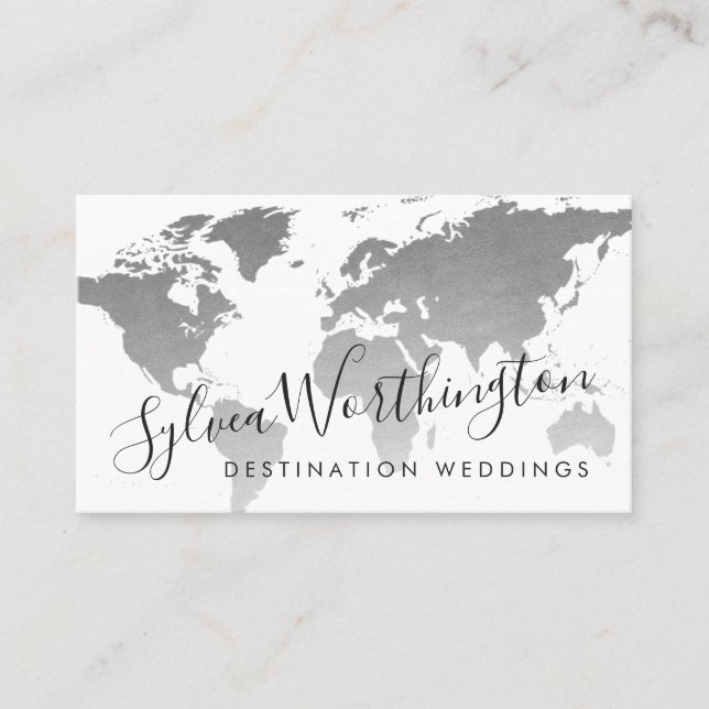 Tarjeta De Visita Silver Gray World Map Travel Industry (Anverso)