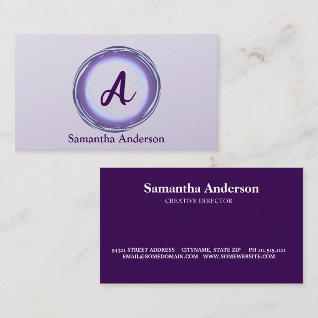 Tarjeta De Visita Silver Ink Purple Brush Mark Circle Logo Monogram  (Anverso / Reverso)