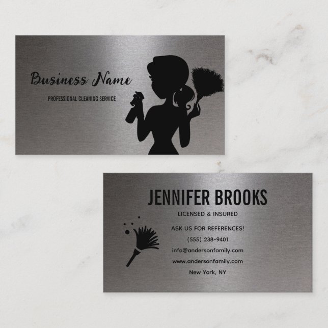 Tarjeta De Visita Silver Metallic Cleaning Service Housekeeper Maid (Anverso / Reverso)