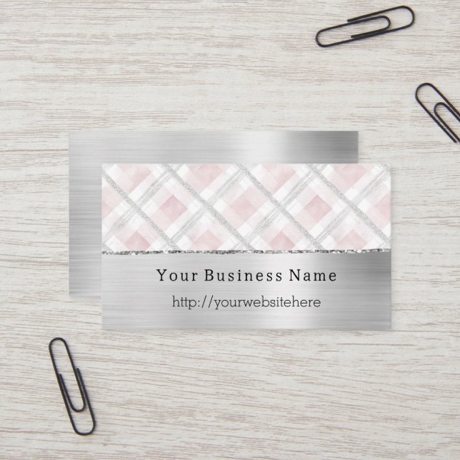 Tarjeta De Visita Silver Pink Glitzy Stripes Business name website (Anverso/Reverso In Situ)