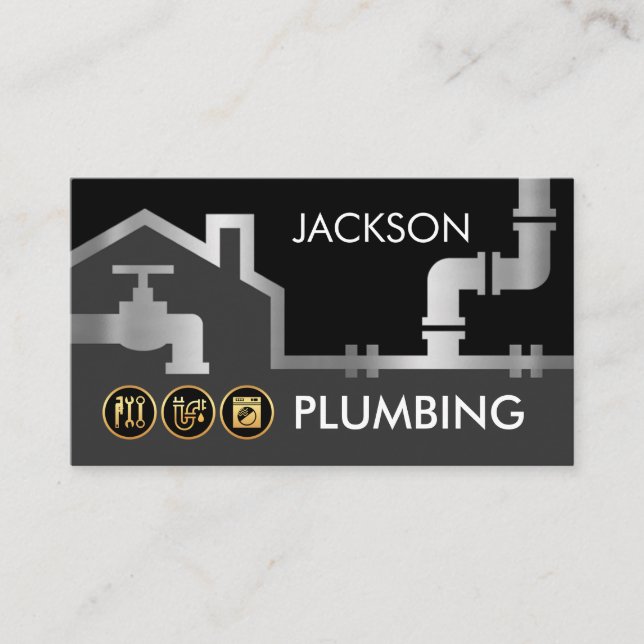 Tarjeta De Visita Silver Pipes Building Frame Plumber Service (Anverso)