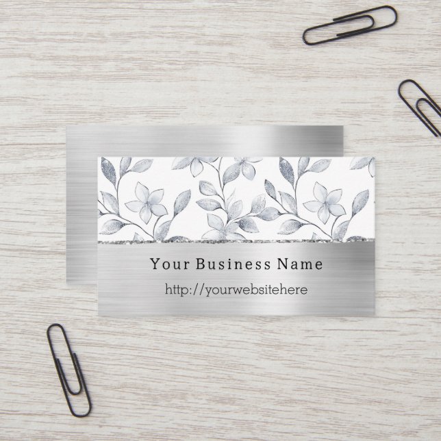Tarjeta De Visita Silver White Floral Business name website (Anverso/Reverso In Situ)