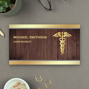 Tarjeta De Visita Símbolo Caduceo de Madera Dorada Profesional Médic
