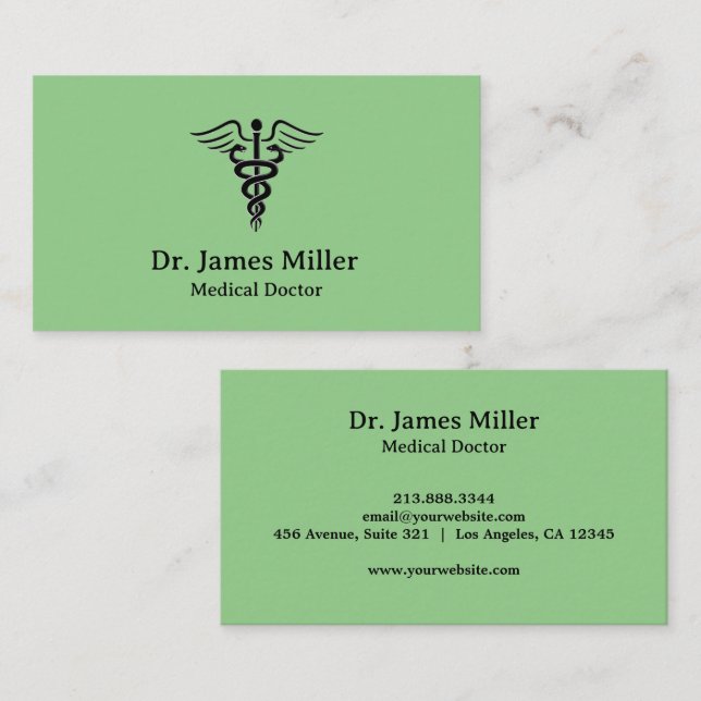 Tarjeta De Visita Símbolo Caduceus Profesional Médico Verde (Anverso / Reverso)
