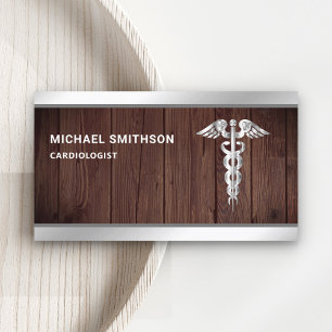 Tarjeta De Visita Símbolo de caduceo de acero de madera profesional 