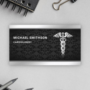 Tarjeta De Visita Símbolo de caduceo de plata negra profesional médi