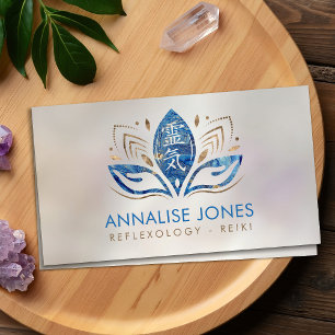 Tarjeta De Visita Símbolo de Reiki y manos en mármol azul de Lotus