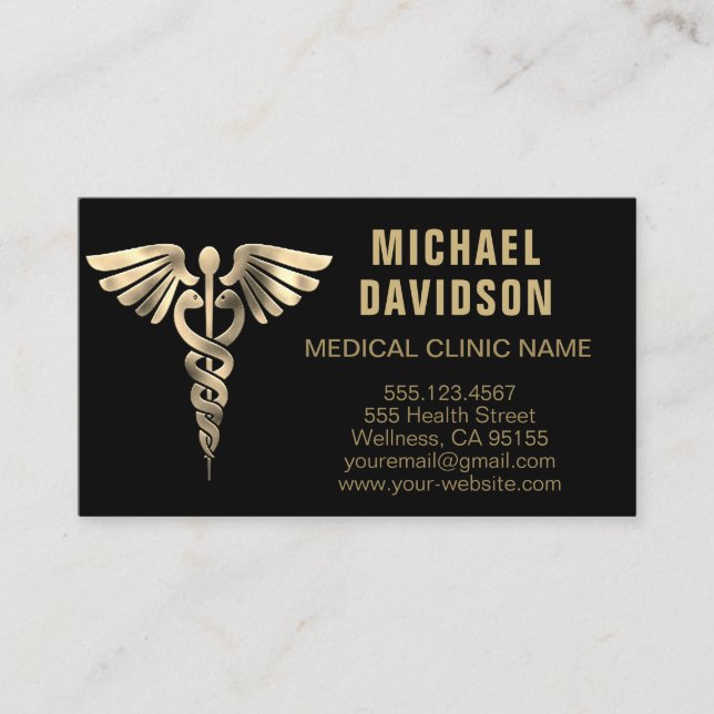 Tarjeta De Visita Símbolo médico de Caduceus - Oro, negro, blanco (Anverso)