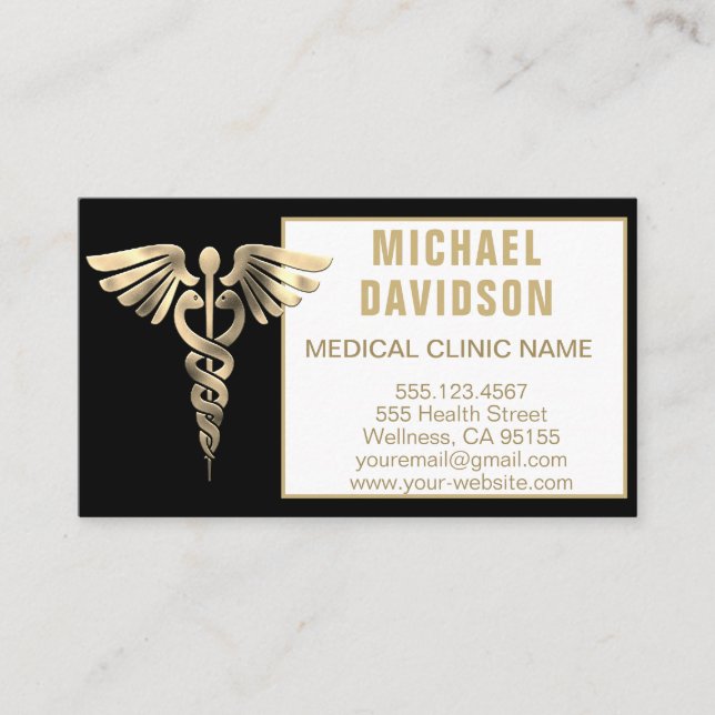 Tarjeta De Visita Símbolo médico de Caduceus - Oro, negro, blanco (Anverso)