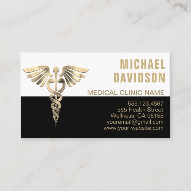 Tarjeta De Visita Símbolo médico de Caduceus - Oro, negro, blanco (Anverso)