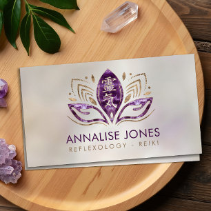 Tarjeta De Visita Símbolo Reiki y manos en Lotus Amatista y Oro