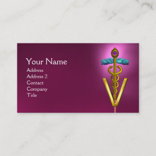 Tarjeta De Visita SÍMBOLO VETERINARIO CADUCEO DORADO / Rosa Púrpura