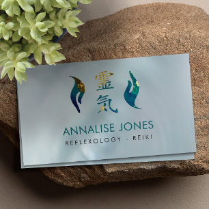 Tarjeta De Visita Símbolos de Reiki y manos curadoras Mármol dorado