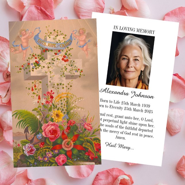 Tarjeta De Visita Simpatía funeraria cristiana floral cruzada foto p (Religious Christian Catholic Floral Cross Hope Photo Loss Memorial Funeral Sympathy  Prayer Card)