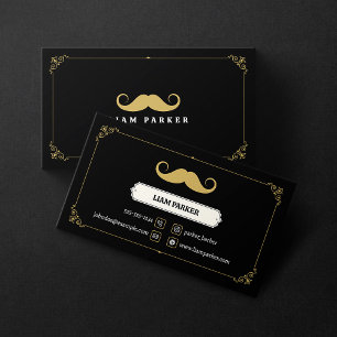 Tarjeta De Visita Simple Bigote Negro y Dorado Barbería Vintage