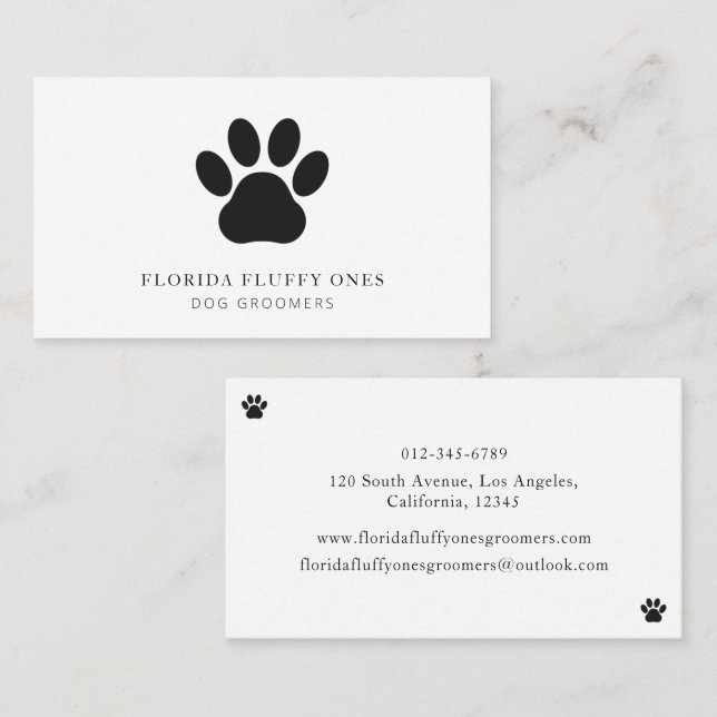 Tarjeta De Visita Simple Black and White Paw Print Dog Groomer (Anverso / Reverso)