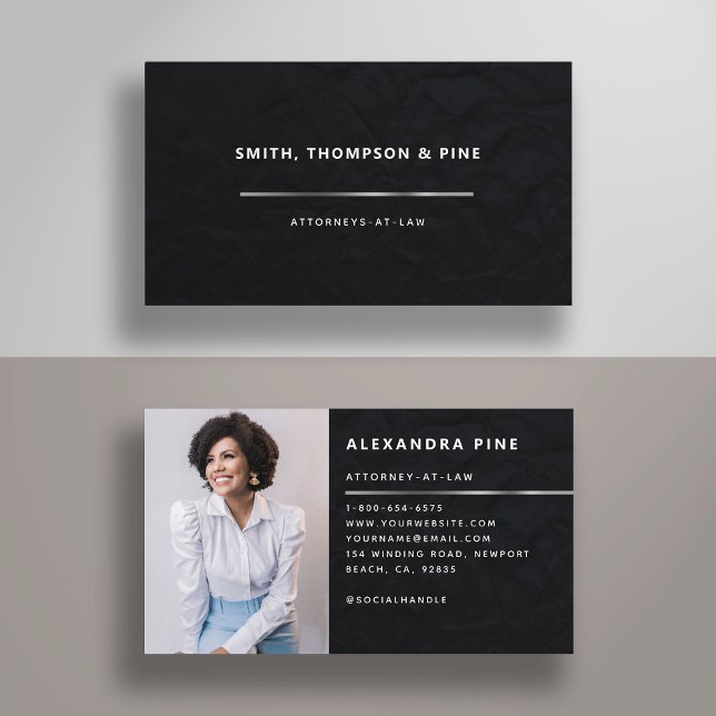 Tarjeta De Visita Simple Black Silver Line Corporate Photo Business (lawyer business card law legal services paralegal elegant photo black silver line simple modern boss)