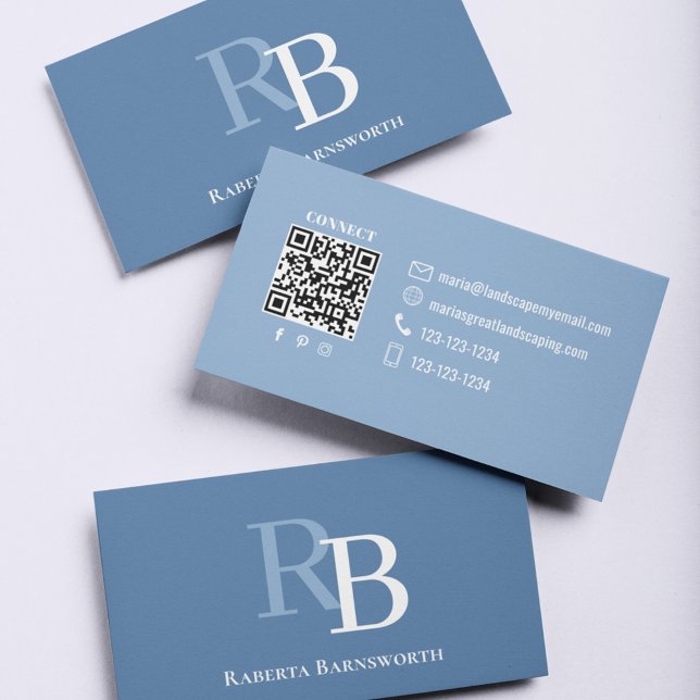 Tarjeta De Visita Simple Blue Monogram QR Code | Connect with Me (Blue and white style business card template with simple monogram.)