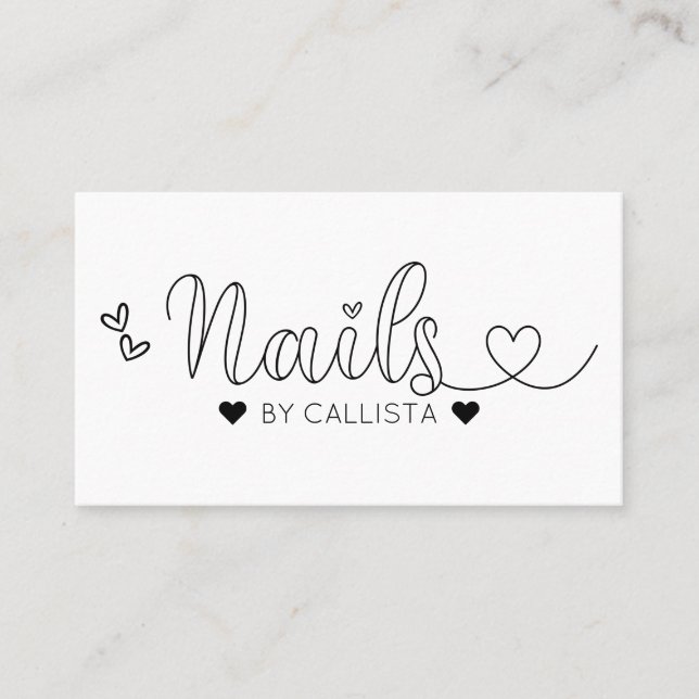 Tarjeta De Visita Simple Bonito White Hearts Typography Nail Tech (Anverso)