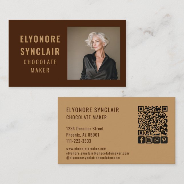 Tarjeta De Visita Simple Brown Chocolate Maker Photo Social QR Code  (Anverso / Reverso)