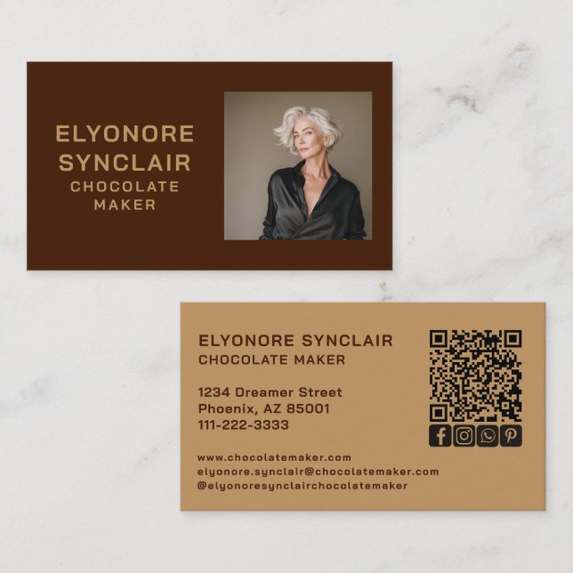 Tarjeta De Visita Simple Brown Chocolate Maker Photo Social QR Code  (Anverso / Reverso)