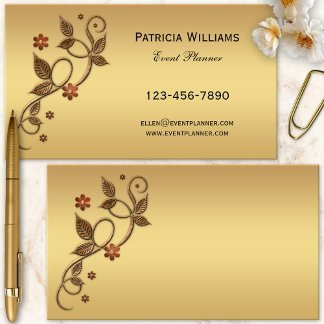 Tarjeta De Visita Simple Chic Rosa Dorado Hojas Floral