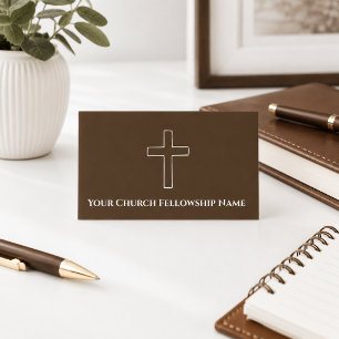Tarjeta De Visita Simple Cruz Blanca Marrón Contorno Iglesia Pastor
