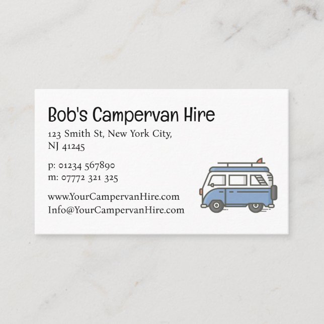 Tarjeta De Visita Simple Cute Campervan Hire Business Card (Anverso)