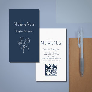 Tarjeta De Visita Simple Daisy QR código Navy Blue Graphic Designer