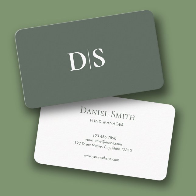 Tarjeta De Visita Simple Elegant Muted Green White with Initials (Simple Elegant Muted Green White with Initials Business Card)