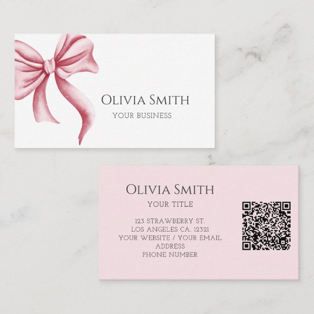 Tarjeta De Visita Simple Elegant Pink Bow QR Code (Anverso / Reverso)