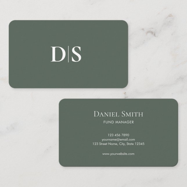 Tarjeta De Visita Simple Elegant Professionals Muted Green Initials (Anverso / Reverso)