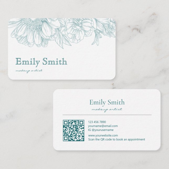 Tarjeta De Visita Simple Elegant Teal Blue Floral Line Art QRCode (Anverso / Reverso)