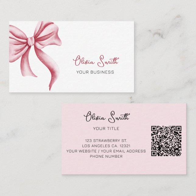 Tarjeta De Visita Simple Elegant Typography Pink Bow QR Code (Anverso / Reverso)
